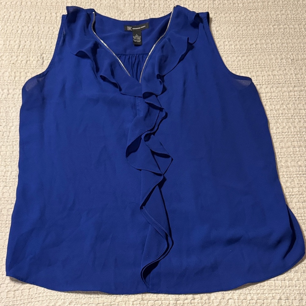 INC International Concepts Royal Blue Ruffle V-Neck Sleeveless Blouse